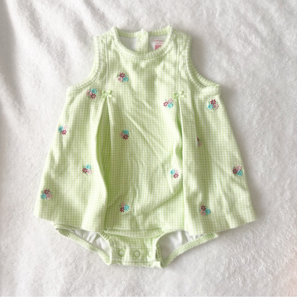 Carters Girls Light Green Gingham Floral Embroidered Bubble Romper 6 months